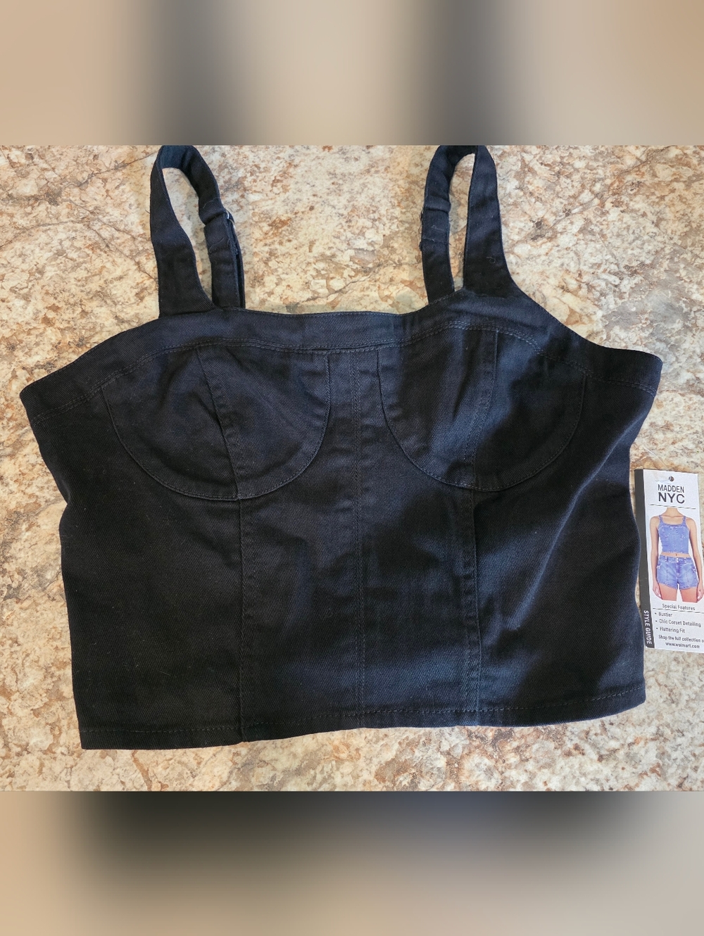 Madden Lightweight Stretch Denim.Black Bustier Crop Top NWT Size Large
